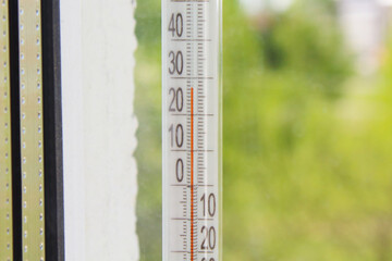 Hanging thermometer on the window. Close-up. Background. Texture.