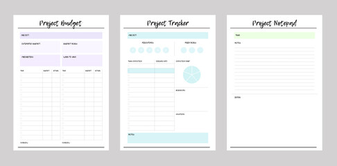 3 Set of Project Planner sheets including Project budget, Tracker, Notepad template. Clear and simple printable. Business organizer page.