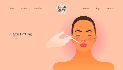 Face Lifting Injections. Beauty Studio Landing Page Design Template. Website Banner. Hand in White Gloves of Cosmetologist Making Injections in Beautiful Female Face on Beige Background.