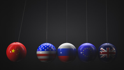 Newton's pendulum. Balls with the state symbols: China, USA, Russia, European Union, United...