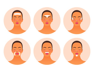 Set of Strip Lines Skin Care Badges. Modern Flat Vector Illustration. Woman with Beauty Strip Lines on Face. Website Template. Social Media Concept.