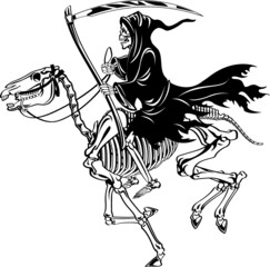 grim reaper with scythe riding skeleton horse
