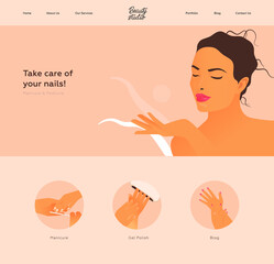 Take Care of Your Nails. Beauty Studio Landing Page Design Template. Website Banner. Beautiful Woman Shows on Empty Space on Abstract Background. Beauty Nail Studio Badges with Kinds of Services.