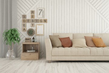 Soft color living room with sofa. Scandinavian interior design. 3D illustration