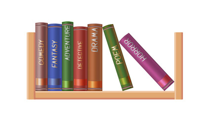 Set of books on the bookshelf. Many genres. Vector illustration. Isolated white background.