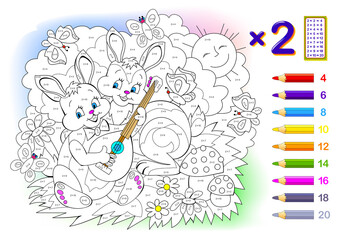 Naklejka na ściany i meble Multiplication table by 2 for kids. Math education. Coloring book. Solve examples and paint the rabbits. Logic puzzle game. Worksheet for children school textbook. Play online. Memory training.
