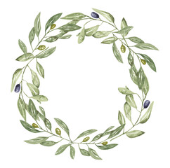 Fototapeta premium Watercolor olive wreath, olive frame with white background