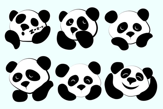 Pandas set. Monochrome, cartoon stickers on an isolated background. Vector illustration.
