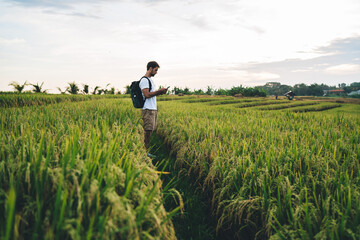 Man using phone in green exotic field