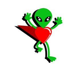 Enamored alien and heart on a white background. Cartoon. Vector illustration.