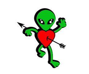 Enamored alien and heart with an arrow on a white background. Cartoon. Vector illustration.
