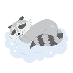 Racoon on a Cloud Cute Baby Print Isolated Cartoon Character in Flat Style. Cool animal vector illustration for nursery t-shirt, kids apparel, invitation, baby shower, simple scandinavian child design