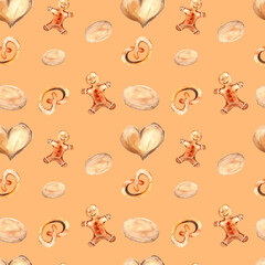 Watercolor illustration. Seamless pattern of gingerbread Christmas cookies on a light brown background.