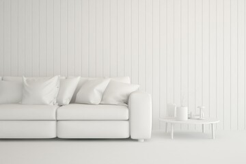 White minimalist living room with sofa. Scandinavian interior design. 3D illustration