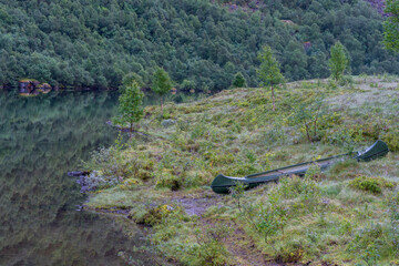 Green canoe in the woods.