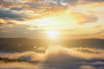 Beautiful sunshine at misty morning mountains,Foggy Landscape. Early Morning Mist