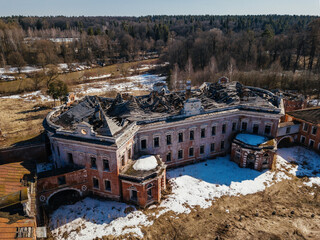Old abandoned manor Otrada-Semenovskoye in Moscow Region, Russia, aerial view