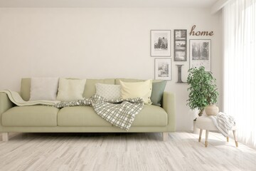 Soft color living room with sofa. Scandinavian interior design. 3D illustration