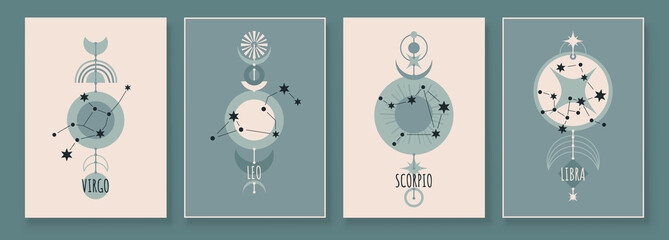 Abstract art with zodiac celestial sign and constellation. Virgo, Leo, Scorpio, Libra. wall art in vintage style. Wall decor painting. Minimalistic background design. Vector illustration. © great_bergens