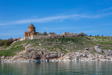 Fototapeta na wymiar Late afternoon at Lake Van Armenian Church in Eastern Turkey