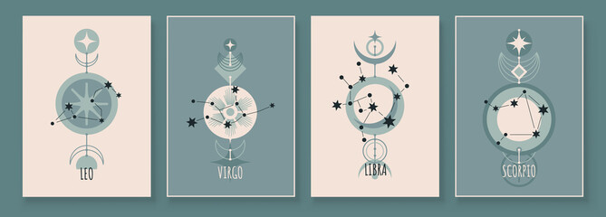 Abstract art with zodiac celestial sign and constellation. Virgin, Lion, Scorpion, Balance. wall art in vintage style. Wall decor painting. Minimalistic background design. Vector illustration. - obrazy, fototapety, plakaty