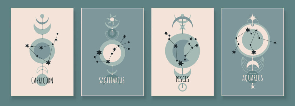 Abstract art with zodiac celestial sign and constellation. Sagittarius Archer, Capricornus Goat, Aquarius Water Bearer, Pisces Fish. Wall art in vintage style. Minimalistic vector background design.