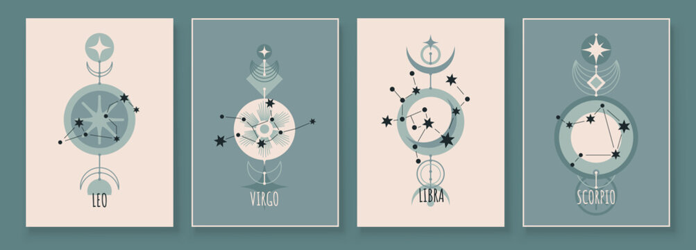 Abstract art with zodiac celestial sign and constellation. Virgin, Lion, Scorpion, Balance. wall art in vintage style. Wall decor painting. Minimalistic background design. Vector illustration.
