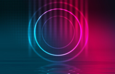 Dark ultraviolet abstract background. Circle laser figure on a dark abstract background. Beach party. Reflection on the water. 3d illustration