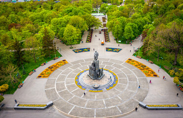 Taras Shevchenko monument at Sumskaya street in Kharkov, aerial view - obrazy, fototapety, plakaty