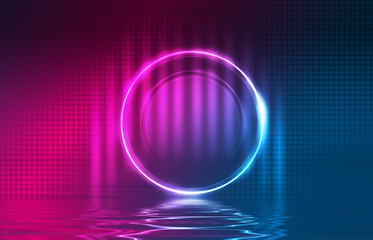 Dark ultraviolet abstract background. Circle laser figure on a dark abstract background. Beach party. Reflection on the water. 3d illustration