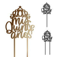 Mis quince años sign in Spanish, which means My fifteen years. Quinceañera cake topper with tiara for 15th Birthday party. Calligraphy vector design with a diadem and a stick.