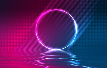 Dark ultraviolet abstract background. Circle laser figure on a dark abstract background. Beach party. Reflection on the water. 3d illustration