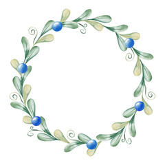 Fototapeta na wymiar Hand drawn watercolor minimalistic wreath. Botanical frame of blueberries and leaves. Summer mood. Botanical Design elements. Perfect for invitations, greeting cards, prints, posters, packing etc 