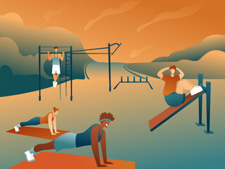 A couple of men and women at a workout in the park in summer clothes are engaged on sports mats. A man pumps abs on the simulator. The guy pulls himself up on the uneven bars. 
