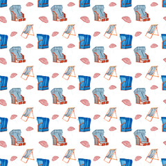 Summer seamless pattern with beach chair and umbrella. - 433434363