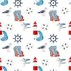 Summer seamless pattern with beach chair, lighthouse, seagull. - 433434386