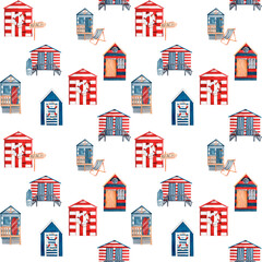 Seamless pattern with watercolor surf beach huts. - 433434518