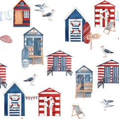 Seamless pattern with watercolor surf houses and seagulls. - 433434562