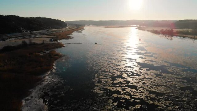 Aerial view of the Gota Alv River that drains from lake Vanem to Kattegat. Sweden