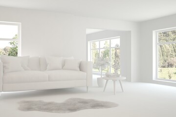 White minimalist living room with sofa. Scandinavian interior design. 3D illustration