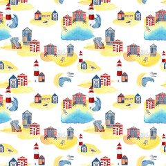 Seamless pattern with beach huts, lighthouse, seagul. - 433434735
