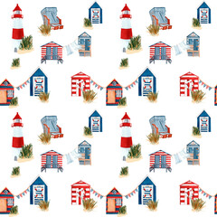 Seamless pattern with watercolor beach huts, lighthouse and flags. - 433434785