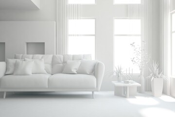 Mock up of minimalist living room in white color with sofa. Scandinavian interior design. 3D illustration