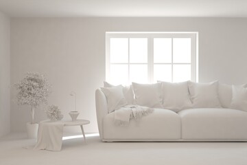 White minimalist living room with sofa. Scandinavian interior design. 3D illustration