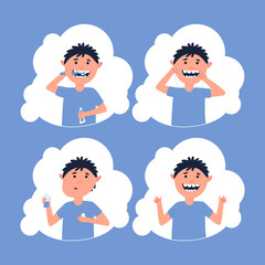 Set close-up of boy oral care. The boy brushes his teeth with an electric brush, cleans the interdental space with dental floss, and uses a mouthwash. Flat vector illustration.