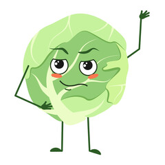 Cute cabbage character with emotions, face, arms and legs. The funny or proud, domineering hero, vegetable with eyes