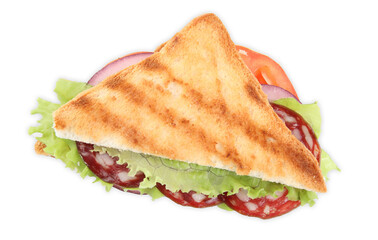 Tasty sandwich with salami isolated on white, top view