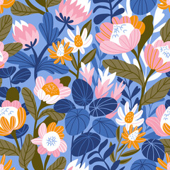 Exotic floral print design. Vector seamless pattern with african rose - protea and tropical leaves in hand-drawn style.