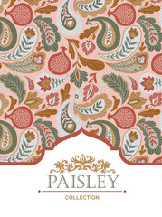 Magical Traditional Paisleys Seamless Pattern for fabric design or wallpaper. Hand-drawn textile print in pink and beige colors.  Vector illustration.