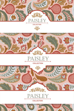 Product packaging design template. Vector set of borders with place for your text. Paisley pattern. 
